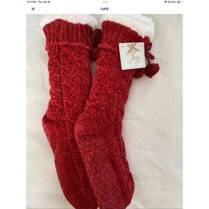 Joy Slipper Socks Grippers Red Cable Knit Fur Lined Pom Poms One Size 5-10 New